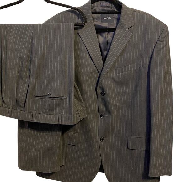 Nautica Two Piece Three Button Gray Wool Blue Striped 46R Suit Set Blazer Pants - Picture 1 of 16